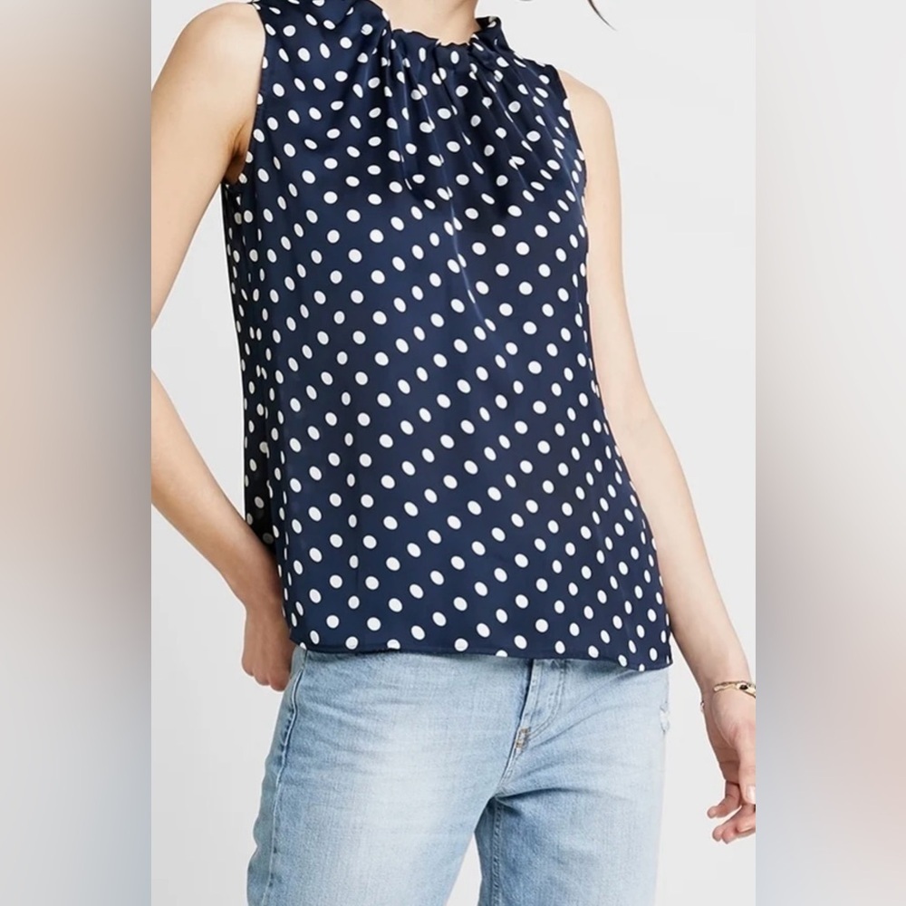 Monteau Navy and White Polka Dot Blouse Size M with tie detail